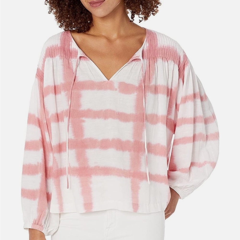 Lucky Brand Pink and White Boxy Long Sleeve Printed Peasant Blouse Size XXL